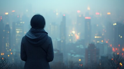 A figure stands overlooking a foggy city skyline, illuminated by distant lights. The atmosphere is serene, creating a sense of contemplation and wonder