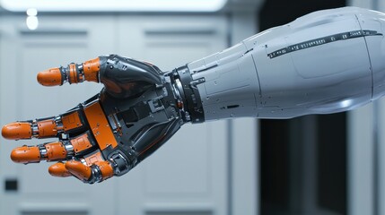 A high-tech robotic hand with intricate mechanical details and a sleek design, representing advanced robotics and artificial intelligence