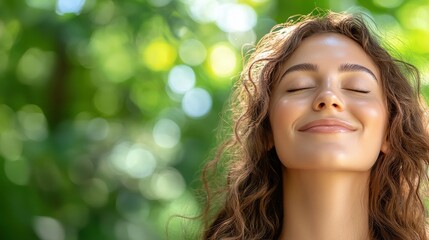 Fototapeta premium Woman closes her eyes and smiles gently while surrounded by vibrant greenery, soaking in a tranquil moment of peace in nature during daylight hours