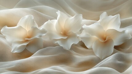 Serene Elegance: Three Delicate White Flowers on Soft Beige Fabric