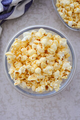 Popcorn in a clear bowl , top view 