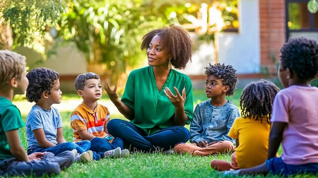 Young African American woman teaching children in a grassy outdoor area, morning light. Teacher engaging with diverse group of toddlers outside. Kids listening intently in a circle. Outdoor learning