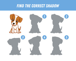 Find correct shadow of cute cartoon puppy dog. Educational logical game for kids. Funny animal. Vector illustration
