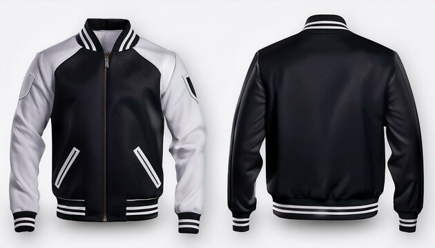 Blank plain varsity jacket front and back view bundle pack black color isolated on white background. Generated image