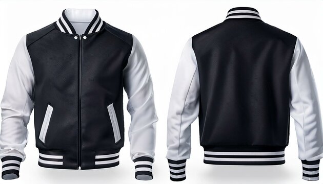 Blank plain varsity jacket front and back view bundle pack black color isolated on white background. Generated image