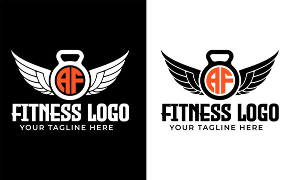 AF Gym, AF fitness logo, Sport, bodybuilding and gym king concept, Vector illustration Vector hand drawn silhouette of strong hand lifting up steel dumbbell isolated on white background