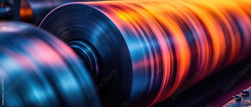 Poster metallic rollers with flowing light in motion creating a vibrant abstract industrial scene