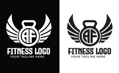 AF Gym, AF fitness logo, Sport, bodybuilding and gym king concept, Vector illustration Vector hand drawn silhouette of strong hand lifting up steel dumbbell isolated on white background