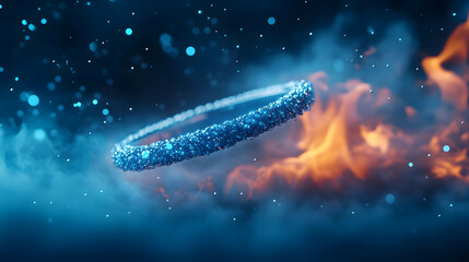 Obraz premium An ethereal blue ring floats in a captivating blend of fire and smoke, creating a striking visual effect.