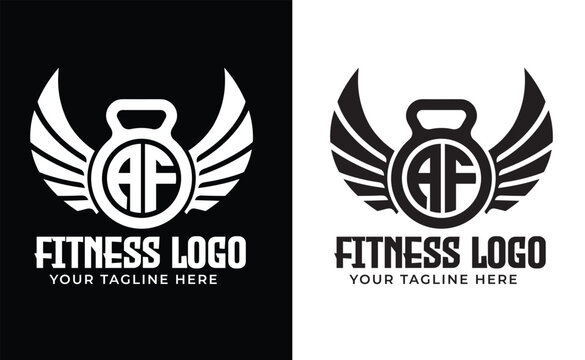 AF Gym, AF fitness logo, Sport, bodybuilding and gym king concept, Vector illustration Vector hand drawn silhouette of strong hand lifting up steel dumbbell isolated on white background