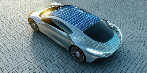 A hydrogen-powered car with solar panels integrated into its roof.