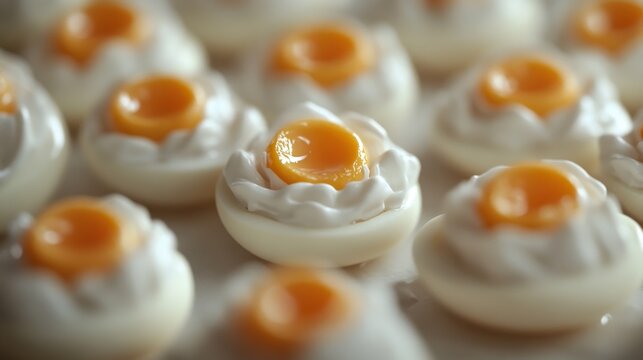A close up front view of deviled eggs ready for snacking.