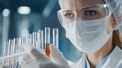 Doctor analyzes test tubes with red liquid, demonstrating meticulous laboratory techniques and expertise in chemical handling