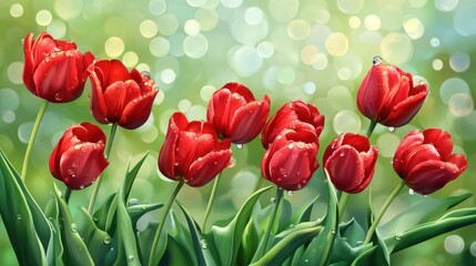 red tulips with dew drops on green blurred background of spring garden