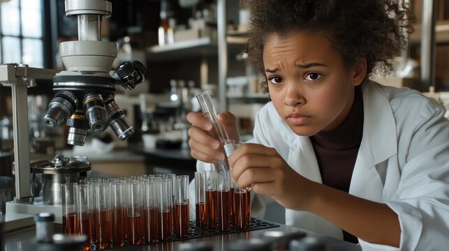 Doctor analyzes test tubes with red liquid, demonstrating meticulous laboratory techniques and expertise in chemical handling