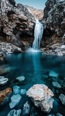 Fototapeta premium Grand waterfall plunging into clear waters, rugged cliffs framing the powerful cascade