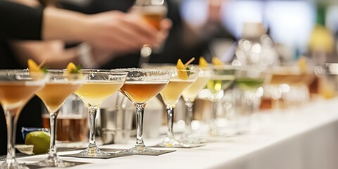 A lineup of creative cocktails being judged at a competition.