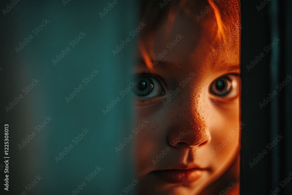 Poster A child peering around a corner, their face partially hidden and their expression wary as they observe something in the distance