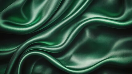 Fototapeta premium Soft green satin fabric cascades gracefully, highlighting its smooth texture and rich hue. The gentle folds create a luxurious and inviting ambiance
