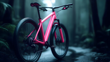 Fototapeta premium A vibrant pink mountain bike stands on a forest trail, surrounded by lush greenery and misty atmosphere.