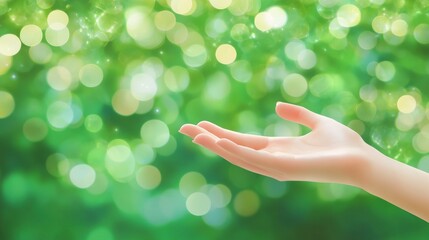 Woman's hand Open palm to the blur green bokeh nature background.