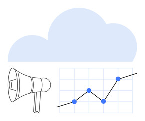 Megaphone for announcements, cloud as digital storage, and upward graph showing data trends. Ideal for marketing, analytics, innovation, growth, cloud tech, communication strategy abstract line flat