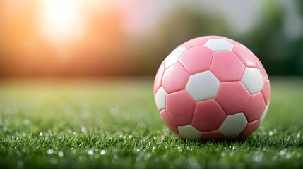 Fototapeta premium A vibrant pink soccer ball on lush green grass, perfect for playful games and outdoor activities.
