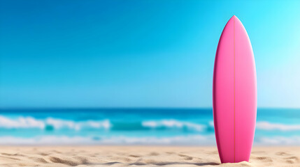 A vibrant pink surfboard stands on the sandy beach against a backdrop of waves and a clear blue sky.