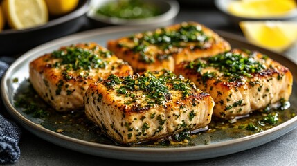 Pan-seared salmon with lemon-herb sauce, plated elegantly, ready to serve
