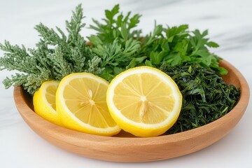 A food influencer focused on branding, marketing, and promotions. Fresh herbs and lemon slices in a wooden bowl on marble surface