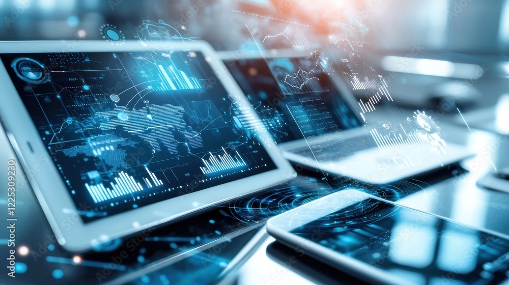 Poster futuristic digital finance dashboard with innovative data analytics and visualization