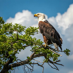 Obraz premium white tailed eagle sitting on tree crown in summer