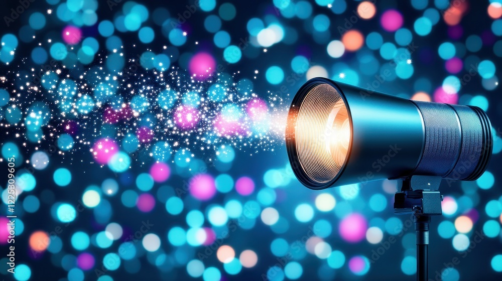 Poster a spotlight is directed towards a vibrant bokeh background filled with colorful lights, creating a m
