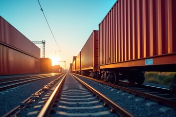 Obraz premium A Serene Sunset Over a Cargo Train Yard: An Exploration of Freight Containers and Railway Tracks at Dusk