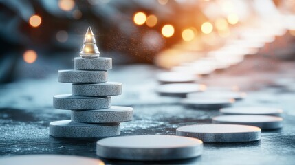 Obraz premium Elegant Geometric Pyramid Structure on Icy Frozen Surface with Warm Bokeh Lights in Winter Wonderland