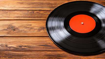 Close up of vinyl record on wooden surface, showcasing grooves and vibrant red label