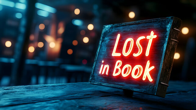 A vibrant sign illuminating the phrase 'Lost in Book,' perfect for literary enthusiasts and cozy reading settings.