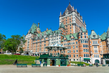 Fototapeta premium Chateau Frontenac and Dufferin terrace cityscape in the Upper town on Old Quebec, Canada