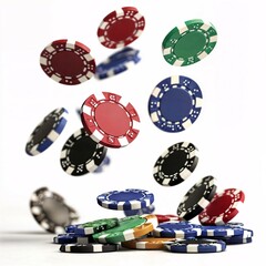 gambling and betting concept. colored poker chips falling on a white background