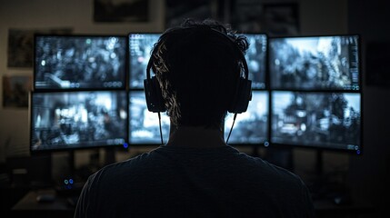 A player focuses intently on multiple monitors displaying vibrant game graphics while wearing headphones in a cozy gaming space at night 