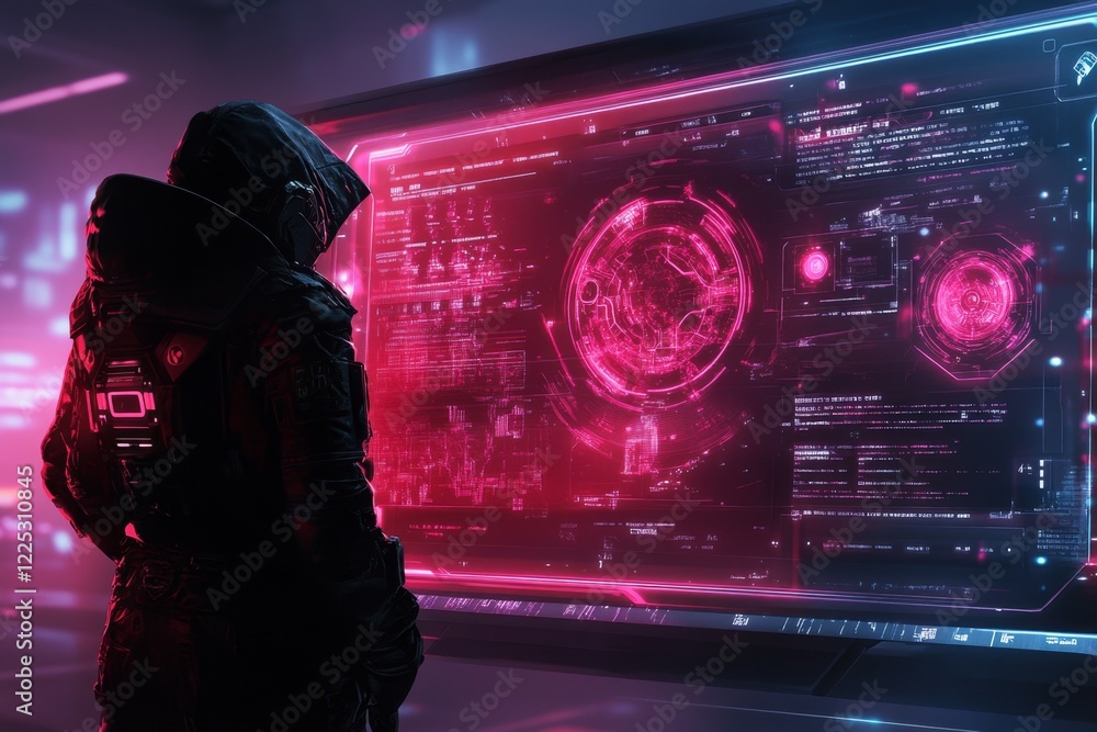Poster a cyberpunk-inspired illustration of a person standing in front of glowing, branching pathways on a 