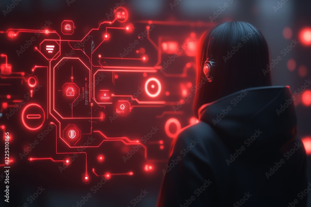 Poster a cyberpunk-inspired illustration of a person standing in front of glowing, branching pathways on a 