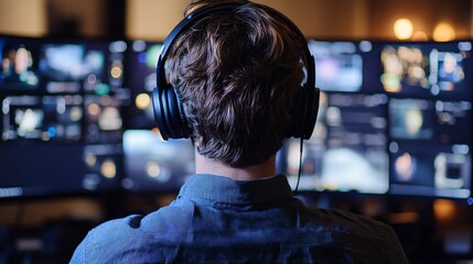 A player focuses intently on multiple monitors displaying vibrant game graphics while wearing headphones in a cozy gaming space at night 