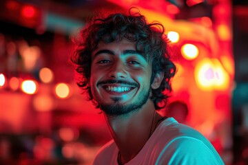 Smiling young man enjoys vibrant atmosphere in a lively bar at night with colorful lights reflecting his joyful spirit