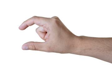 Human hand making a pinch gesture isolated on transparent background. 