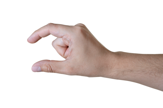 Human hand making a pinch gesture isolated on transparent background. 