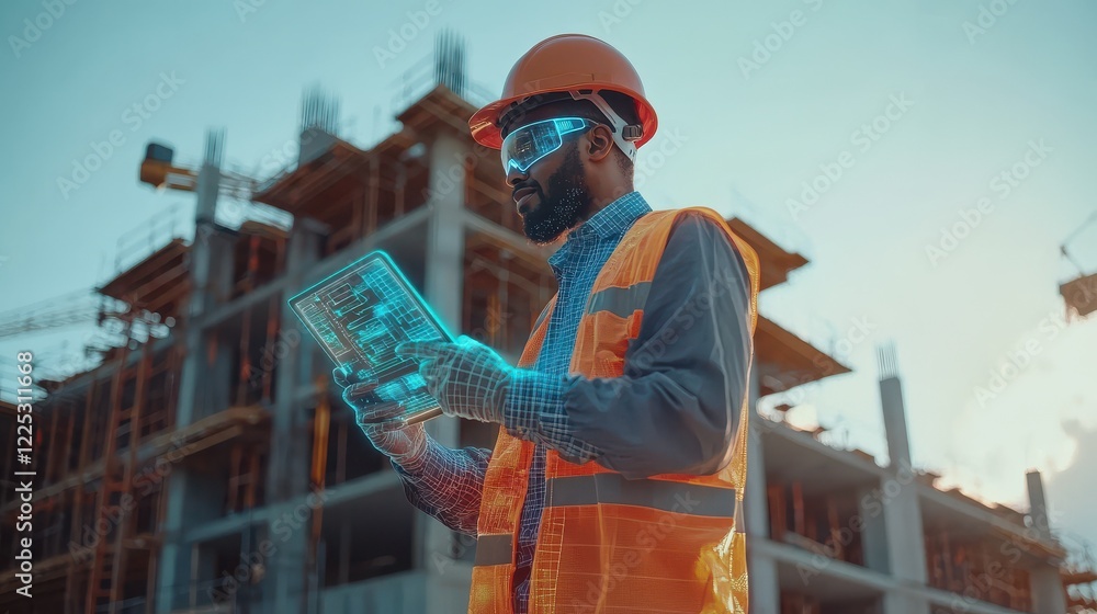 Poster smart construction project management system concept, engineer using a digital tablet on a construct
