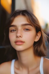 Fototapeta premium Young woman with natural beauty poses outdoors during golden hour, showcasing effortless style and radiant skin tones