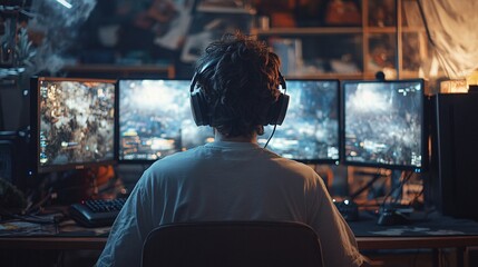 A player focuses intently on multiple monitors displaying vibrant game graphics while wearing headphones in a cozy gaming space at night 