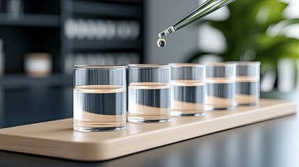 Clear liquid flows into a beaker with multiple glass flasks nearby, set against a dark blue-grey gradient backdrop